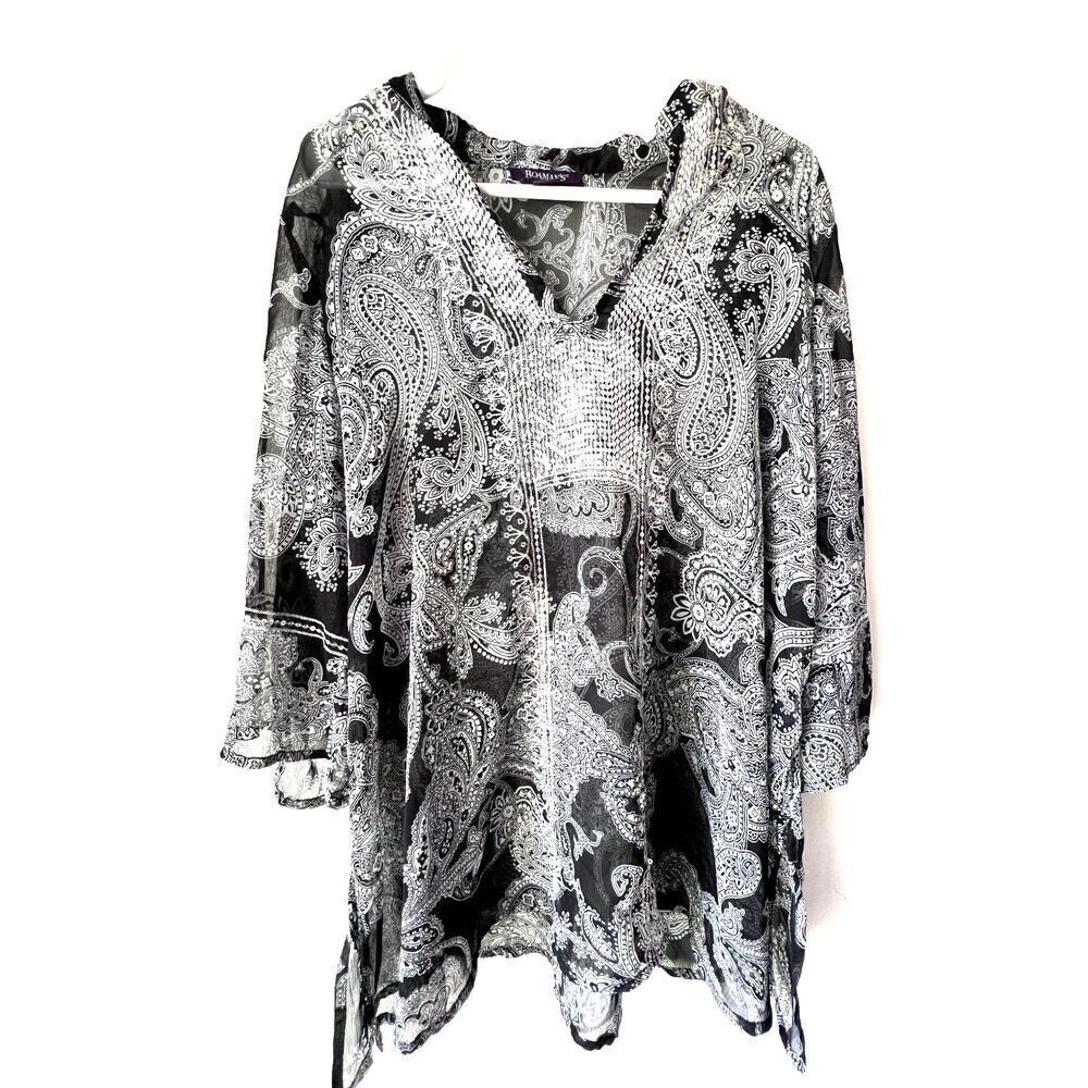 Roaman's  Women's Voile Plus Blouse black grey chic boho india light fabric 16 W